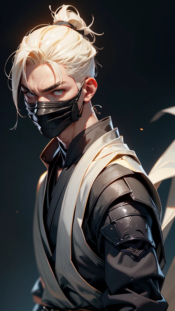 envision a 8k, highres, semi realistic cinematic close up portrait of a soft ninja man with a slender muscular body, clean shaved, sleek pale blonde hair, and pale yellow eyes, pale ninja robes, ninja armor, ((mortal kombat ninja mask)), half face mask, against a dark gray background