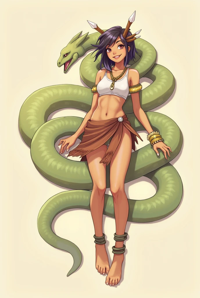 tall girl, slim, snake tail, brown skin, and some multicoloured scales. short hair. anime style, cartoon style, Digital art, high detail face, tan lines. Clean and delicate face. Friendly face, whole body. lying on the ground, relaxed pose, laziness. tribal clothing, short skirt, bare legs, soft skin, bone ornaments, Gold bracelets and accessories, simple background.