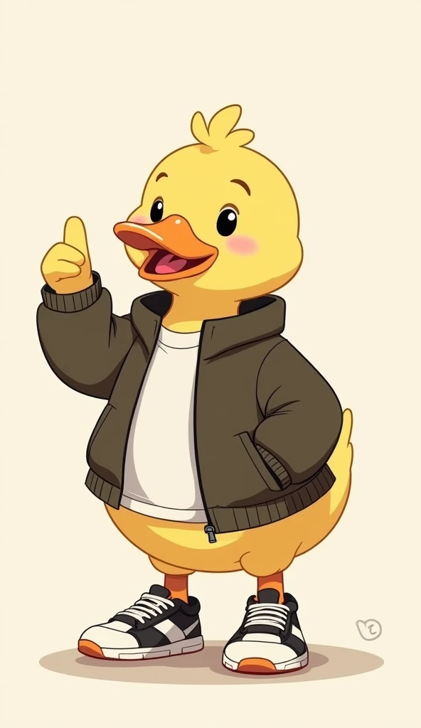cute duck with hand up, in a jacket and sneakers