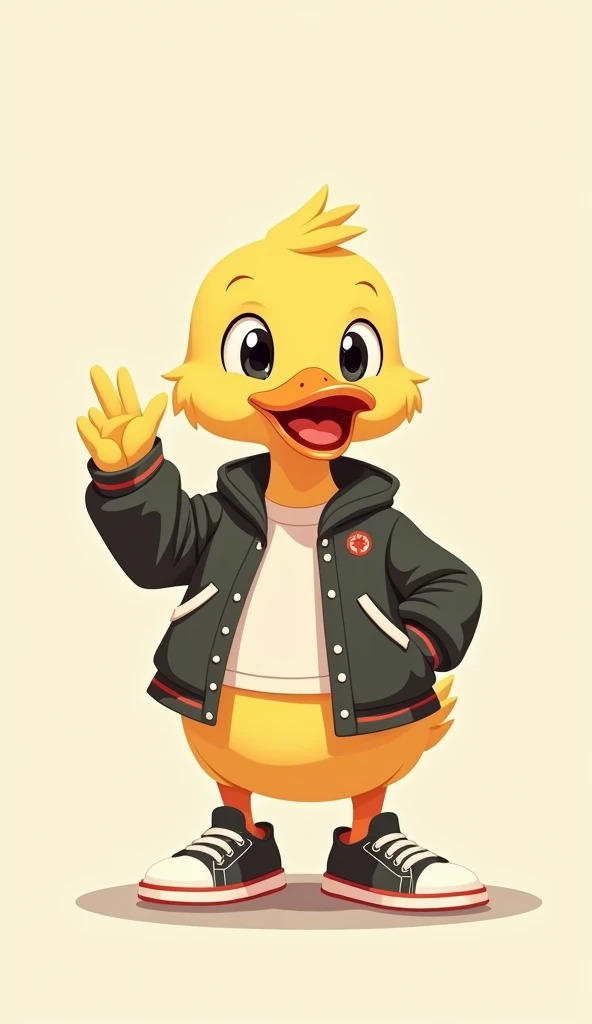 cute duck with hand up, in a jacket and sneakers