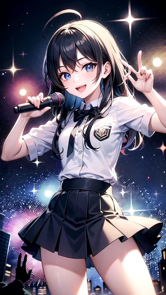 Create an album cover illustration for a pop idol group. The idol has long dark blue hair schoolgirl, uniform, blue eyes, smile and wears trendy outfits. He is holding a microphone and striking a dynamic pose while surrounded by colorful musical notes and stars. The background features a vibrant cityscape with skyscrapers, neon lights, and a starry sky, creating a vibrant and energetic atmosphere.