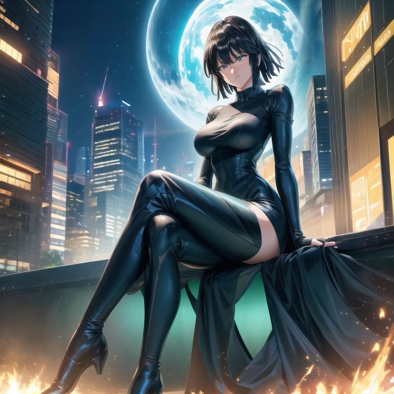 1girl, (solo), bob hair, very black hair, light blue eyes, serious, arrogant, medium breasts, white tight 1 piece swimsuit, deep neckline, black boot, sitting on a rock, storm behind, dark rock cave, (night), (very sexy body, detailed face, detailed eyes, masterpiece, highly detailed, 8k, best quality, vibrant colors, digital art, concept art)