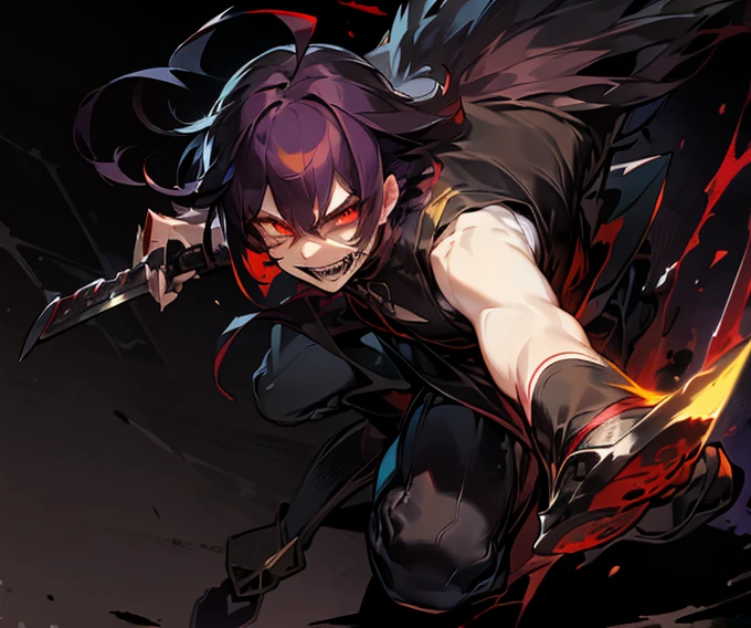 A boy , with fluffy hair , very dark purple hair ,Red eyes , wear a formal sleeveless vest , black color , Black pants , Moccasin shoes , He has a knife in his hand , blood , a crazy expression of love, psychopath 