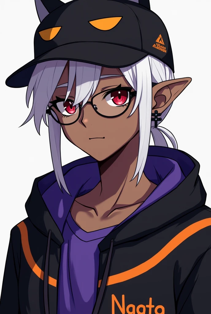 young man, Black skin tone, dark red eyes, elf ear small size, black earring in the shape of a cross but with two ears, wears prescription glasses, White hair, hair tied with ponytail, 2 strands of hair in the front, wears a black cap with a cat face, wears a closed hood with two different colors, black on one side and purple on the other, with an orange name written: NGGTO