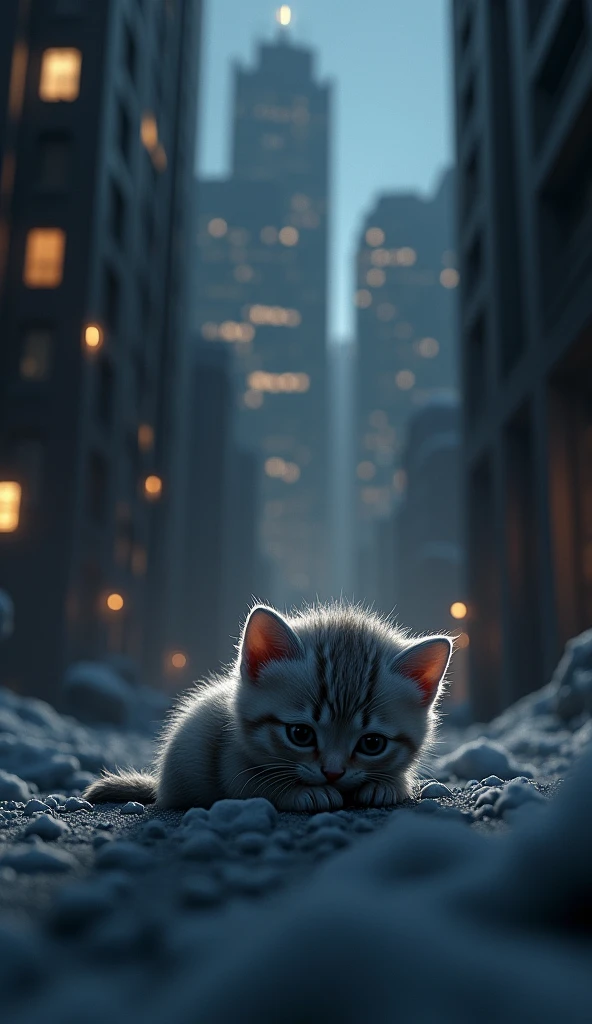 3D Kitten,cold,City,building,In the middle of the night、Kittens are born。