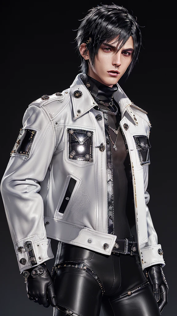 ((Final fantasy taste and reality graphics)), ((Japanese young cute and cool ikemen  boy)), his age is early 20s, thin eyebrows and beady eyes,  ((((he wearing white color and  shining brightly enamel leather thick single-brest  jacket)))), ((with epaulet)), ((enamel leather jacket close all zippers)),, ,(( jacket collar is high length stand-up collar with belts)), jacket is a little black line pattern,close the front of the jacket, (((also wearing black color turtleneck shining brightly enamel leather shirts))),  (((tight black and shining brightly enamel leather pants))), ((((shining brightly black enamel leather tight and thin glove)))), ((black color and shining brightly leather knee-high raceup boots)),head-to-toe, whole body, boy looks like fashion model,Do not show skin from the neck down,(((all his clothes are smooth design and very shining))),(((Avoid adding unnecessary decorations to the jacket)))