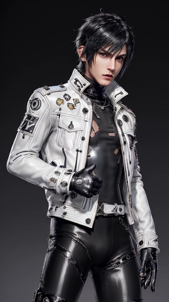 ((Final fantasy taste and reality graphics)), ((Japanese young cute and cool ikemen boy)), his age is early 20s, thin eyebrows and beady eyes, ((((he wearing white color and shining brightly enamel leather thick single-brest jacket)))), ((with epaulet)), ((enamel leather jacket close all zippers)),, ,(( jacket collar is high length stand-up collar with belts)), jacket is a little black line pattern,close the front of the jacket, (((also wearing black color turtleneck shining brightly enamel leather shirts))), (((tight black and shining brightly enamel leather pants))), ((((shining brightly black enamel leather tight and thin glove)))), ((black color and shining brightly leather knee-high raceup boots)),head-to-toe, whole body, boy looks like fashion model,Do not show skin from the neck down,(((all his clothes are smooth design and very shining))),(((Avoid adding unnecessary decorations to the jacket)))