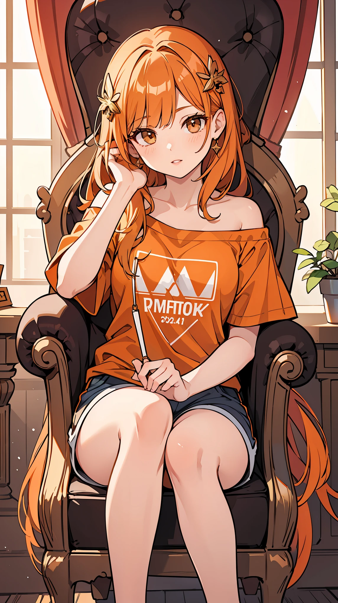 Woman1,30 years old, triangular face, light brown eyes, long orange hair,wing hair ornament ,lips,shiny hair, sitting in chair,amazing palace, shorts, t-shirt ,off-shoulder, high resolution, high detail, very detailed