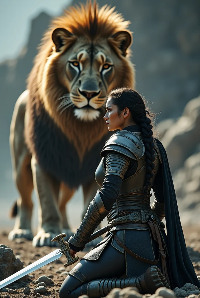 Woman on her knees and sword, with lion behind