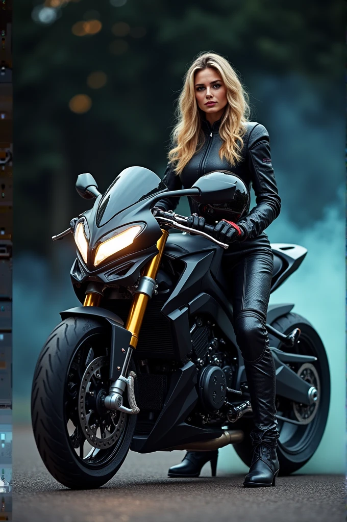 an elegant, monster-style modified sports motorbike with complicated and cool modifications in beside it is asexy model young german woman blonde wave hair wearing a sexy racing suit, while holding a helmet facing the camera. on the road with subtle colorful gradient smoke effects. dark background 16k super detail