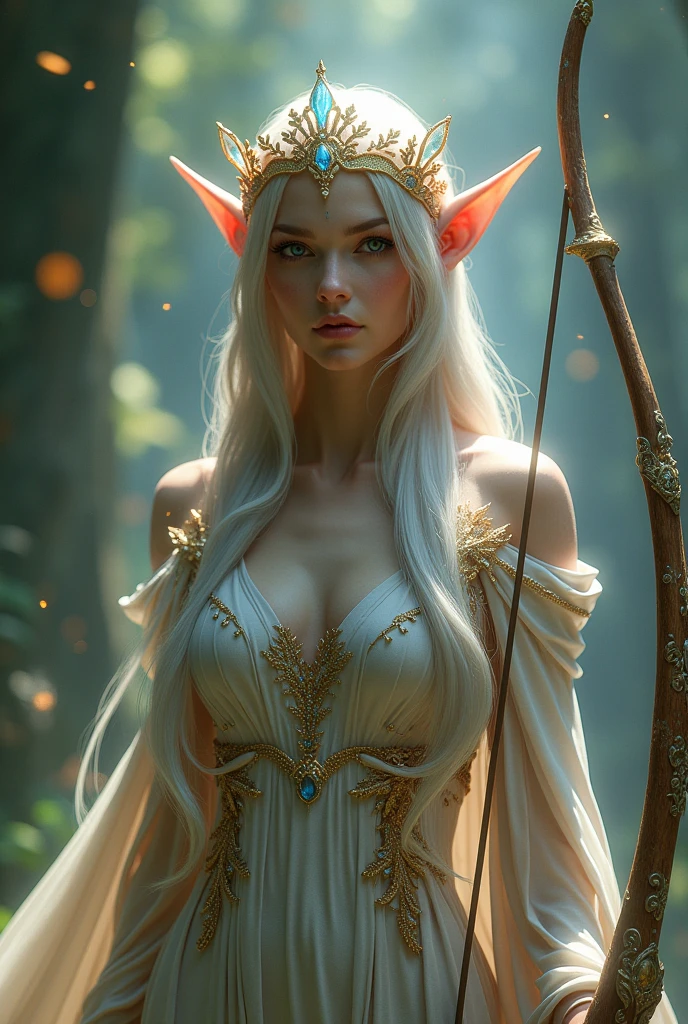 
1. **face y hair:**
   - **face:** sharp and elegant features, with pointed ears.
   - **hair:** long and fluid, with a silver or gold tone that shines slightly.

2. **outfit:**
   - **CLOTHES:** Suit embellished with ethereal and sparkling details, such as flowing capes and robes with intricate patterns of leaves and flowers.
   - **Accessories:** Crystal tiaras or crowns and gemstone jewelry that emits a soft light.

3. **weapon:**
   - **weapon:** An elegant bow or sword with magical engravings, possibly with a design that reflects nature.

4. **around:**
   - **Environment:** The character is in a magical forest with glowing trees and an enchanted nature background.

Make sure to capture the grace and mystery of the elves, with a majestic and magical air, estilo 3d