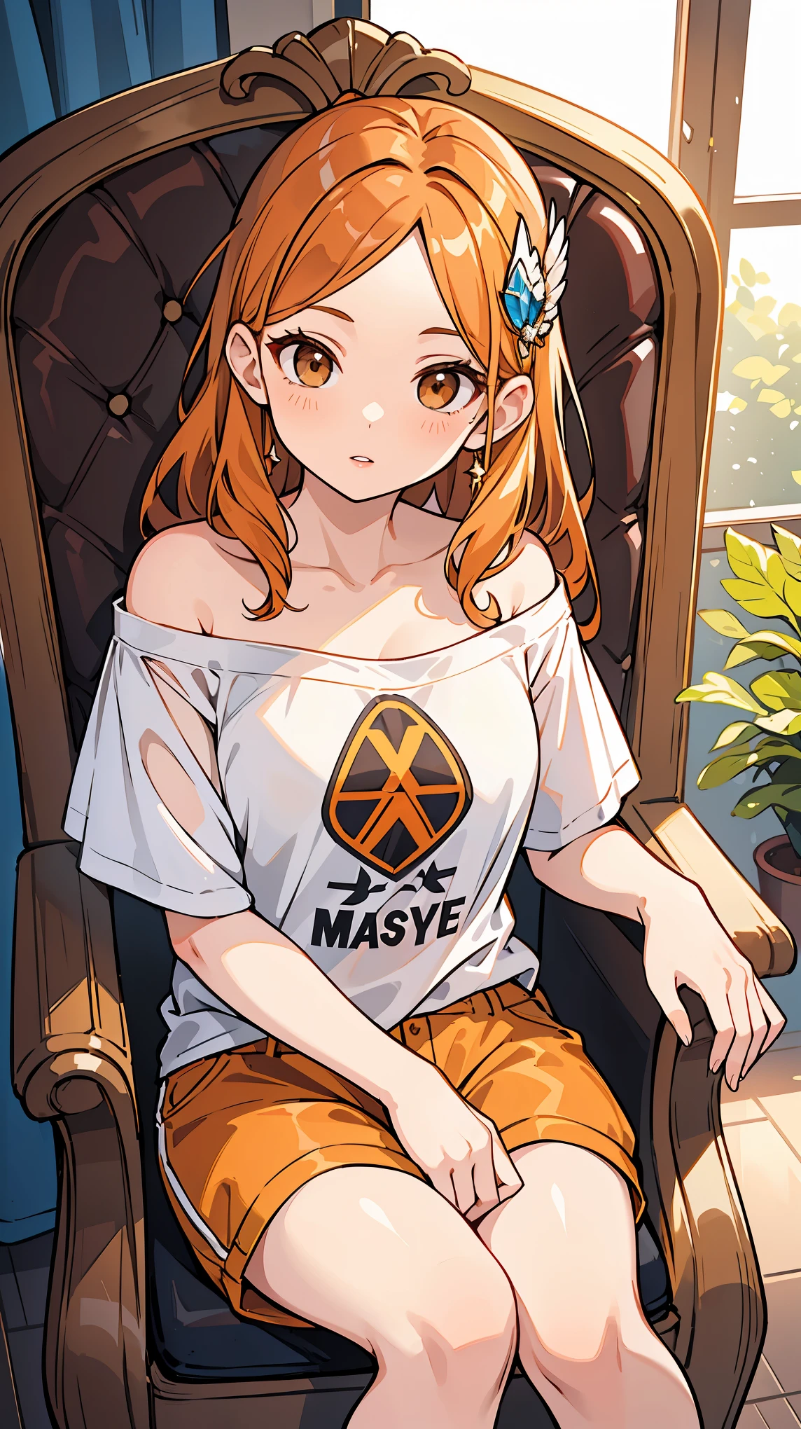 Woman1,30 years old, triangular face, light brown eyes, long orange hair,wing hair ornament ,lips,shiny hair, sitting in chair,amazing palace, shorts, t-shirt ,off-shoulder, high resolution, high detail, very detailed