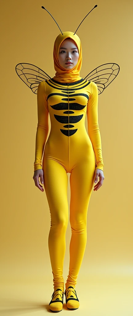 The most beautiful,thin,most pretty and clever Malaysian muslimah adult girl wears yellow bee lycra turtleneck unitard catsuit covered with bee stripes with a pair of wings.She always wear bee lycra dancewear stretchy hijab covered with many stripes with a pair of long antennae.