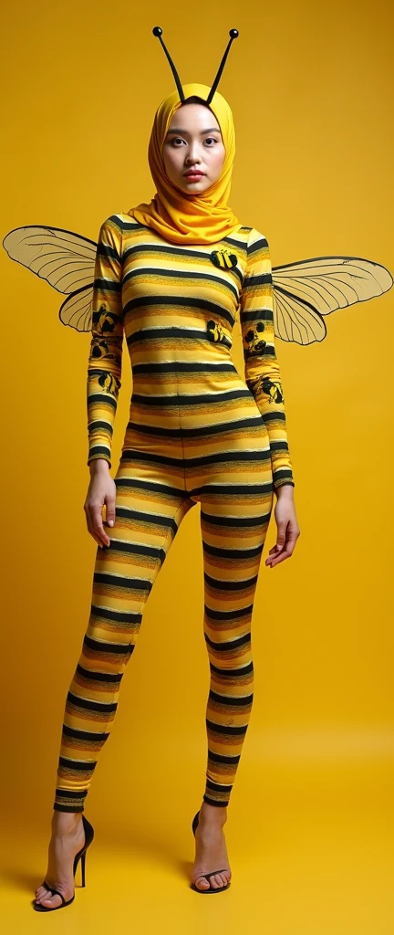 The most beautiful,thin,most pretty and clever Malaysian muslimah adult girl wears yellow bee lycra turtleneck unitard catsuit covered with bee stripes with a pair of wings.She always wear bee lycra dancewear stretchy hijab covered with many stripes with a pair of long antennae.