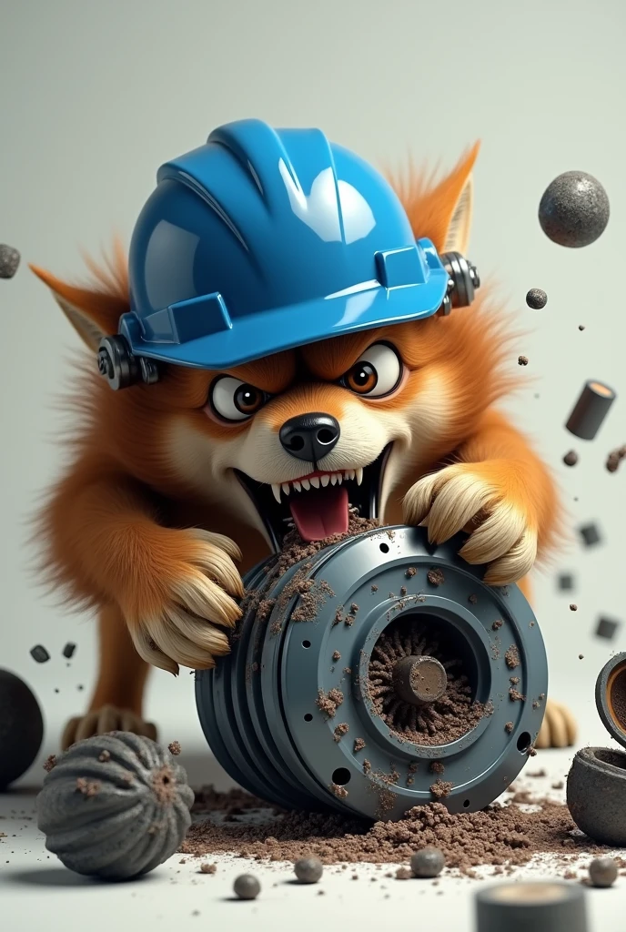 Angry dog with blue safety helmet dismantling an electric motor