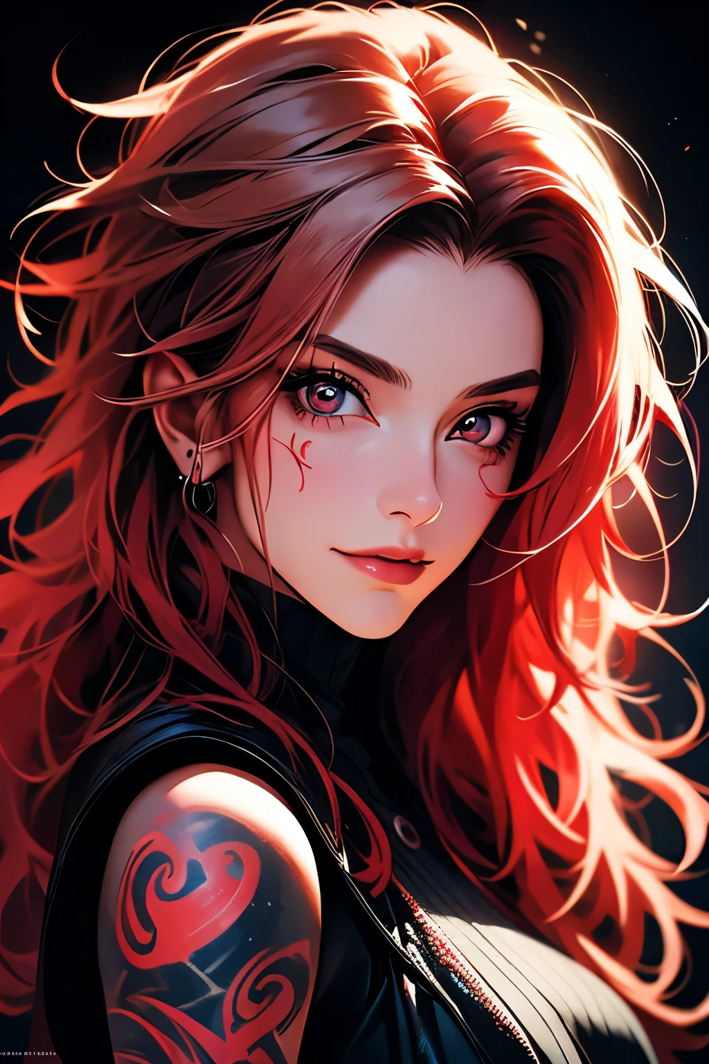 perfil portrait image of a woman with long light blond, streaked with red and black highlights and black curly hair, red eyes, she wears social clothes and have a lot of ((tattoos on her body)). She is smiling like a villain, with a moon tattooed on her face, she is on a dark city scenery, symmetrical face, ((symmetric eyes)), high contrast, digital art trend on Artstation 8k HD high definition detailed realistic , hiper detalhado
