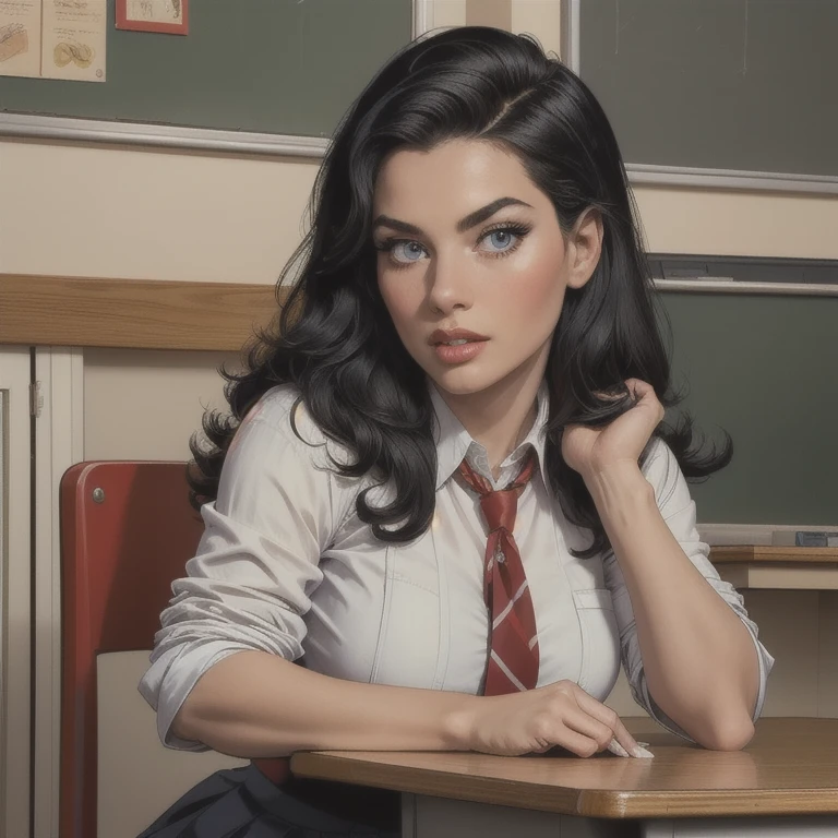 a school girl in a classroom sitting at a desk, wearing a school uniform with a pleated skirt and tie, chewing gum with a defiant gaze, long curly black hair, detailed facial features including beautiful eyes and lips, extremely detailed face and eyes with long eyelashes, full body closeup, best quality, 4k, 8k, highres, masterpiece, ultra-detailed, realistic, photorealistic, portrait, school, classroom, education, detailed facial features, beautiful detailed eyes and lips, extremely detailed eyes and face, long eyelashes, school uniform, pleated skirt, tie, button up shirt, indoor, sitting, desk, chair, natural lighting, warm colors, highly detailed, hyper realistic, sharp focus