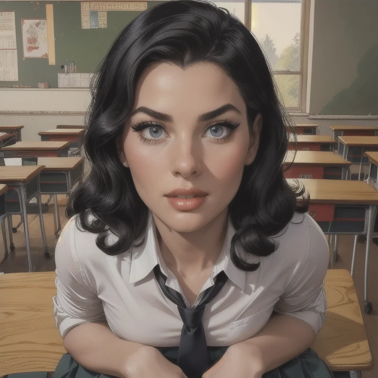 a school girl in a classroom sitting at a desk, wearing a school uniform with a pleated skirt and tie, chewing gum with a defiant gaze, long curly black hair, detailed facial features including beautiful eyes and lips, extremely detailed face and eyes with long eyelashes, full body closeup, best quality, 4k, 8k, highres, masterpiece, ultra-detailed, realistic, photorealistic, portrait, school, classroom, education, detailed facial features, beautiful detailed eyes and lips, extremely detailed eyes and face, long eyelashes, school uniform, pleated skirt, tie, button up shirt, indoor, sitting, desk, chair, natural lighting, warm colors, highly detailed, hyper realistic, sharp focus
