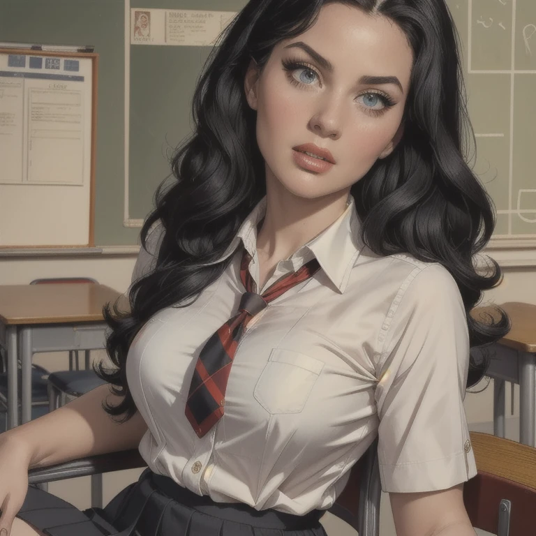 a school girl in a classroom sitting at a desk, wearing a school uniform with a pleated skirt and tie, chewing gum with a defiant gaze, long curly black hair, detailed facial features including beautiful eyes and lips, extremely detailed face and eyes with long eyelashes, full body closeup, best quality, 4k, 8k, highres, masterpiece, ultra-detailed, realistic, photorealistic, portrait, school, classroom, education, detailed facial features, beautiful detailed eyes and lips, extremely detailed eyes and face, long eyelashes, school uniform, pleated skirt, tie, button up shirt, indoor, sitting, desk, chair, natural lighting, warm colors, highly detailed, hyper realistic, sharp focus