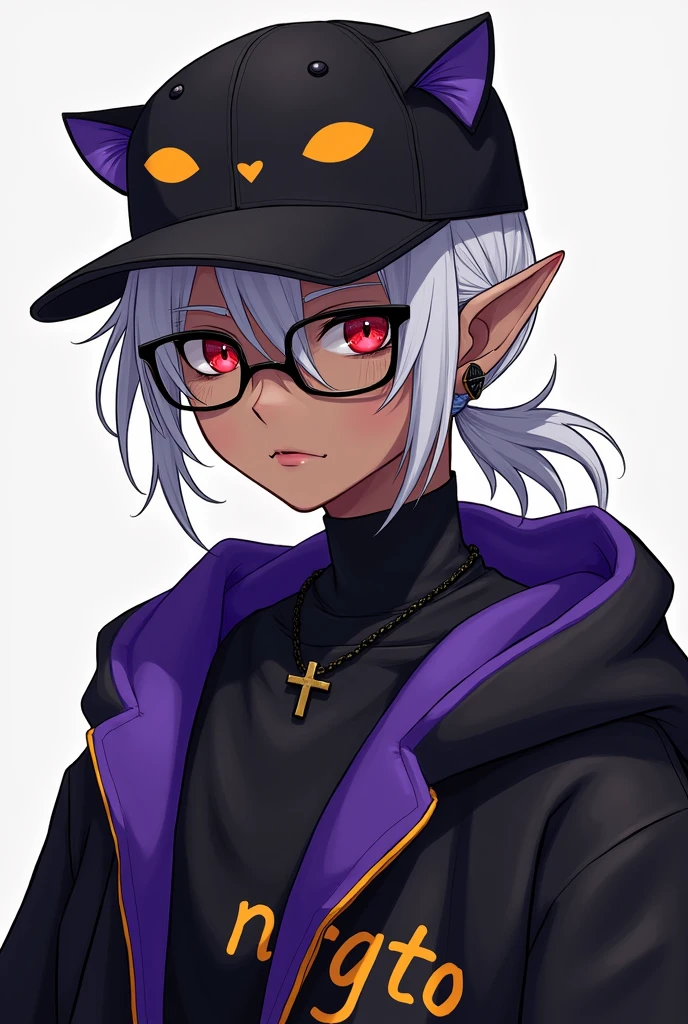 young man, Black skin tone, dark red eyes, elf ear small size, black earring in the shape of a cross but with two ears, wears prescription glasses, White hair, hair tied with ponytail, 2 strands of hair in the front, wears a black cap with a cat face, wears a closed hood with two different colors, black on one side and purple on the other, with an orange name written: NGGTO