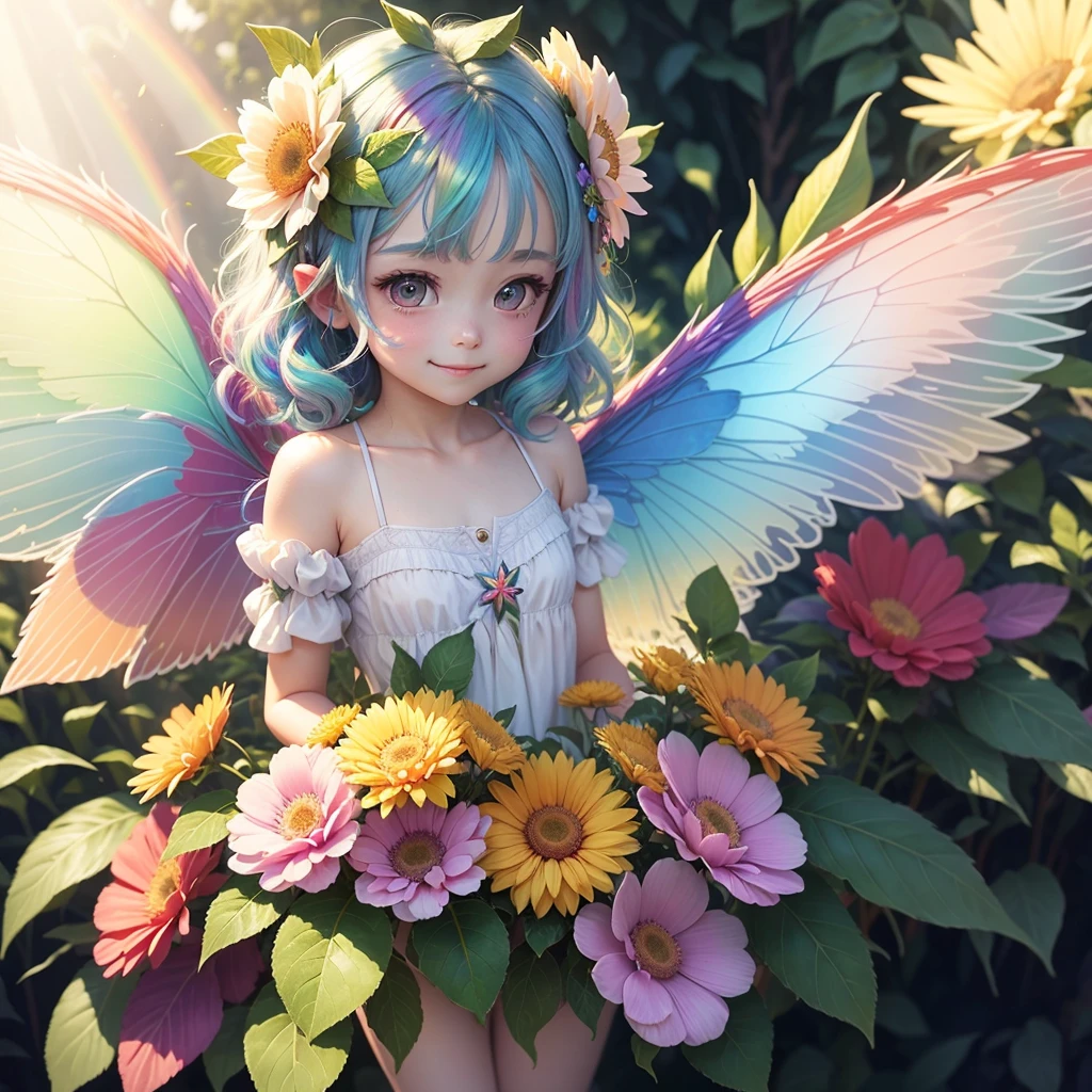 cute little fairy rainbow hair rainbow transparent wings flowers leaves clothes made of leaves flowers flower crown big flower light sunshine big flower leaves gently smiling