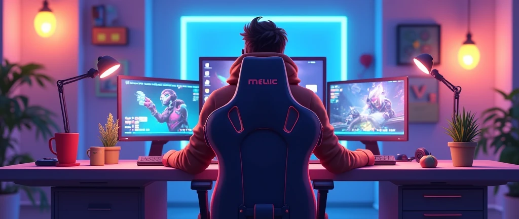 create an image of a streamer playing overwatch but horizontally so that the whole set up can be seen and that the streamer can be seen from behind, not from the side, please and that the image can be seen horizontally and that it looks animated, animated, ANIMATED, NOT A REAL PERSON, THAT IT IS AN ADULT PERSON WITH AN OVERWATCH CHAIR AND THE PERSON PLAYING OVERWATCH ON HIS/HER PC ON HIS/HER PC UNDERSTANDS WITH AN OVERWATCH CHAIR AND ALL THAT PLEASE ARTICIAL INTELLIGENCE PAY ATTENTION TO WHAT I TELL YOU PLAYING OVERWATCHG OVERWATCH ON HIS/HER PC