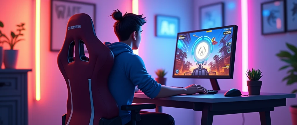 create an image of a streamer playing overwatch but horizontally so that the whole set up can be seen and that the streamer can be seen from behind, not from the side, please and that the image can be seen horizontally and that it looks animated, animated, ANIMATED, NOT A REAL PERSON, THAT IT IS AN ADULT PERSON WITH AN OVERWATCH CHAIR AND THE PERSON PLAYING OVERWATCH ON HIS/HER PC ON HIS/HER PC UNDERSTANDS WITH AN OVERWATCH CHAIR AND ALL THAT PLEASE ARTICIAL INTELLIGENCE PAY ATTENTION TO WHAT I TELL YOU PLAYING OVERWATCHG OVERWATCH ON HIS/HER PC