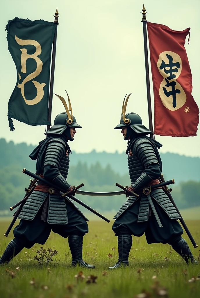 Two samurai about to fight in a field carrying different banners