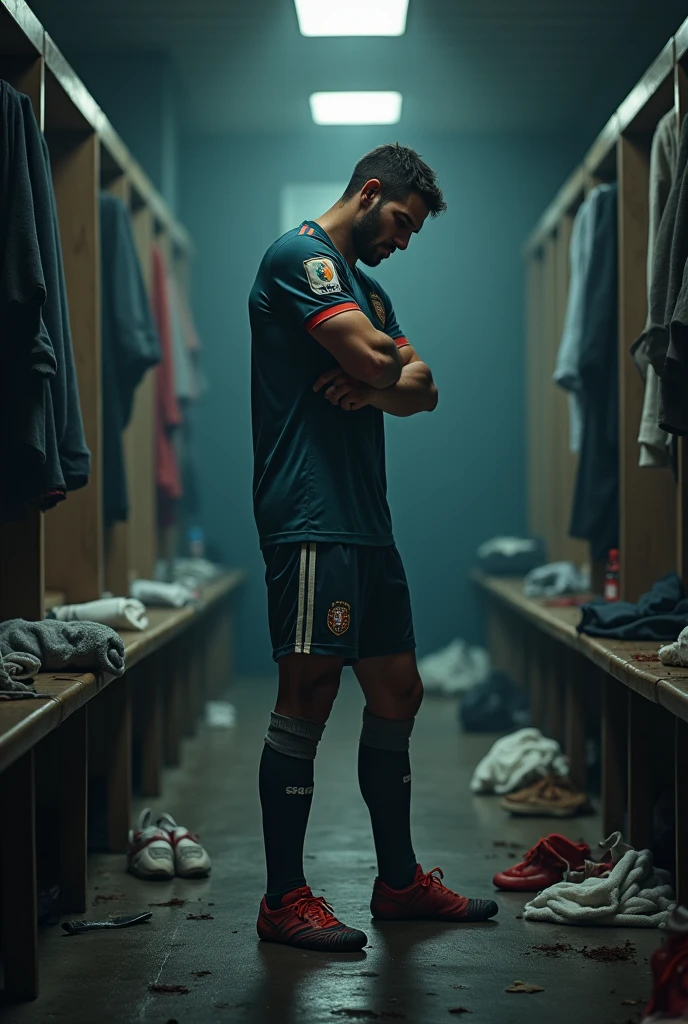 European football player, disappointed in the locker room of a football stadium ⚽