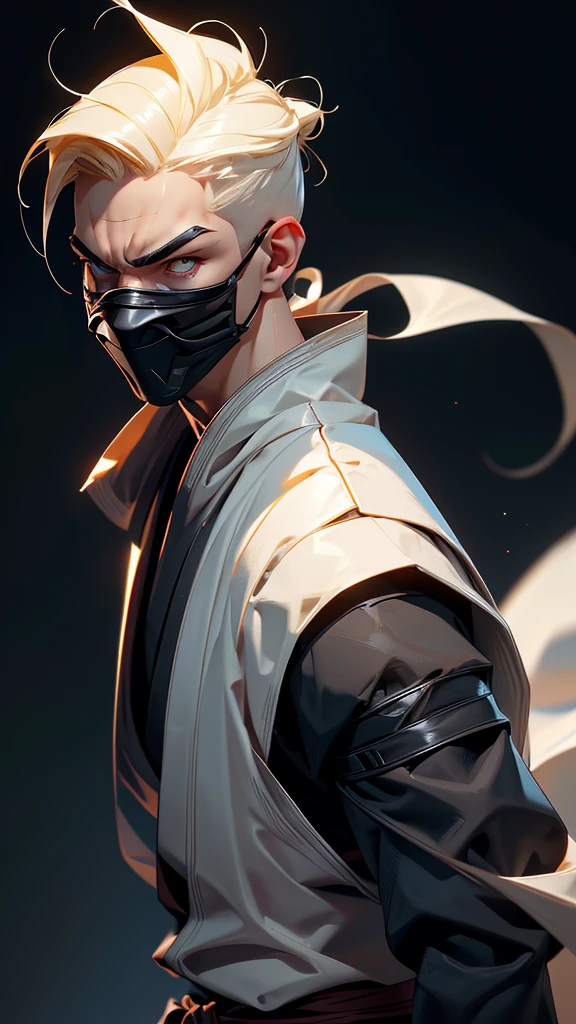 envision a 8k, highres, semi realistic cinematic close up portrait of a soft ninja man with a slender muscular body, clean shaved, sleek pale blonde hair, and pale yellow eyes, pale ninja robes, ninja armor, ((mortal kombat ninja mask)), half face mask, against a dark gray background