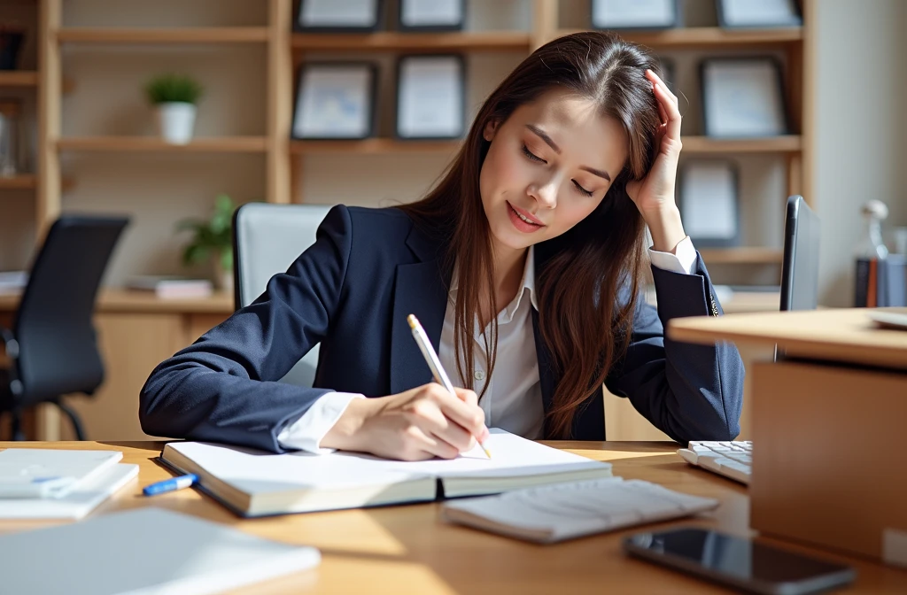 An American female white-collar worker is writing a work diary in the office,8k HD resolution,Natural light and shadow
