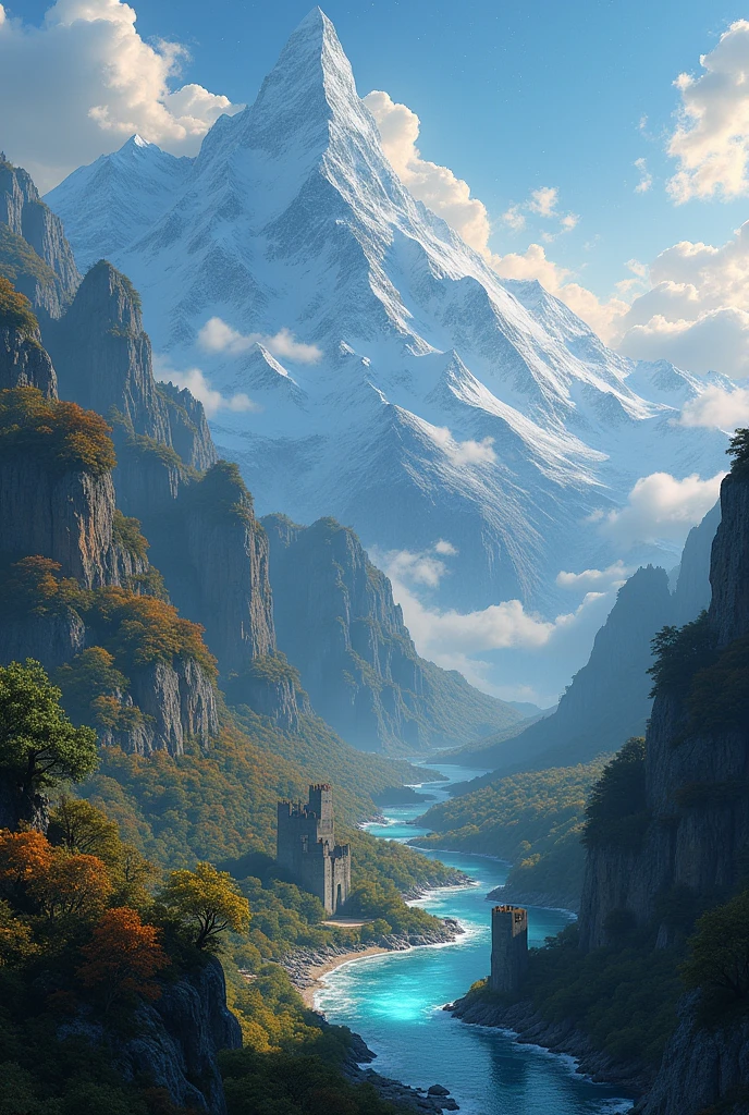 Create a stunning image of the world of Eláris. Imagine a vast and magical continent, with a combination of varied and fantastic landscapes. Includes:

1. **Magical Landscapes:**
   - **Bright Forests:** Trees with leaves emitting a soft golden light, creating an ethereal and enchanted atmosphere.
   - **steep mountains:** High and majestic peaks, with snow-capped peaks and deep valleys filled with mysterious fog.

2. **Estructuras y Dungeons:**
   - **Ancient ruins:** Abandoned and partially ruined structures with mysterious inscriptions, surrounded by lush vegetation.
   - **Dungeons:** Dark caverns with walls illuminated by bright blue-colored crystals, and an ominous atmosphere.

3. **Diversity of Fauna and Flora:**
   - **Magical Creatures:** Includes seres como dragones pequeños, luminous fairies, and creatures with exotic shapes.
   - **Unique Flora:** Oddly shaped plants with vibrant colors, some that seem to move or shine.

4. **Races and Architecture:**
   - **Elven Cities:** Elegant and ethereal buildings built in harmony with nature, with suspension bridges and glass towers.
   - **Dwarf Fortresses:** Robust and solid structures, carved in rock with details in metal and stone.

5. **General Environment:**
   - **Magical Sky:** A sky that can have unusual hues, with auroras and bright stars.
   - **mystical atmosphere:** An environment that combines the majestic with the mysterious, with lights and shadows that create a fantasy atmosphere.

Make sure you capture the essence of an epic and magical fantasy world, with a sense of grandeur and mystery, estilo 3d
