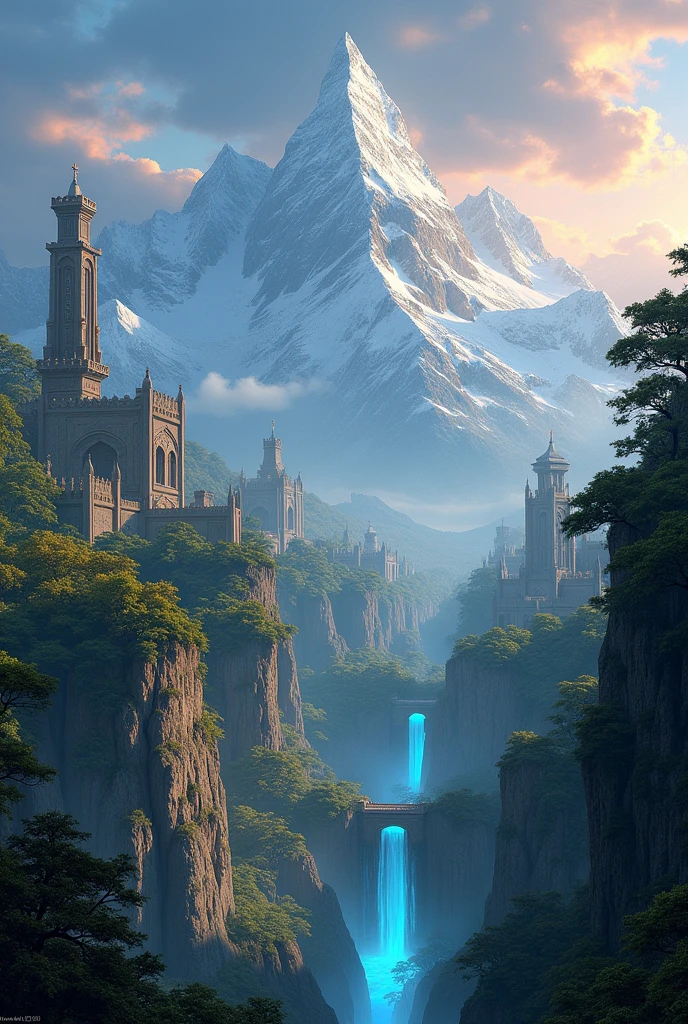 Create a stunning image of the world of Eláris. Imagine a vast and magical continent, with a combination of varied and fantastic landscapes. Includes:
1. **Magical Landscapes:**
- **Bright Forests:** Trees with leaves emitting a soft golden light, creating an ethereal and enchanted atmosphere.
- **steep mountains:** High and majestic peaks, with snow-capped peaks and deep valleys filled with mysterious fog.
2. **Estructuras y Dungeons:**
- **Ancient ruins:** Abandoned and partially ruined structures with mysterious inscriptions, surrounded by lush vegetation.
- **Dungeons:** Dark caverns with walls illuminated by bright blue-colored crystals, and an ominous atmosphere.
3. **Diversity of Fauna and Flora:**
- **Magical Creatures:** Includes seres como dragones pequeños, luminous fairies, and creatures with exotic shapes.
- **Unique Flora:** Oddly shaped plants with vibrant colors, some that seem to move or shine.
4. **Races and Architecture:**
- **Elven Cities:** Elegant and ethereal buildings built in harmony with nature, with suspension bridges and glass towers.
- **Dwarf Fortresses:** Robust and solid structures, carved in rock with details in metal and stone.
5. **General Environment:**
- **Magical Sky:** A sky that can have unusual hues, with auroras and bright stars.
- **mystical atmosphere:** An environment that combines the majestic with the mysterious, with lights and shadows that create a fantasy atmosphere.
Make sure you capture the essence of an epic and magical fantasy world, with a sense of grandeur and mystery, estilo 3d