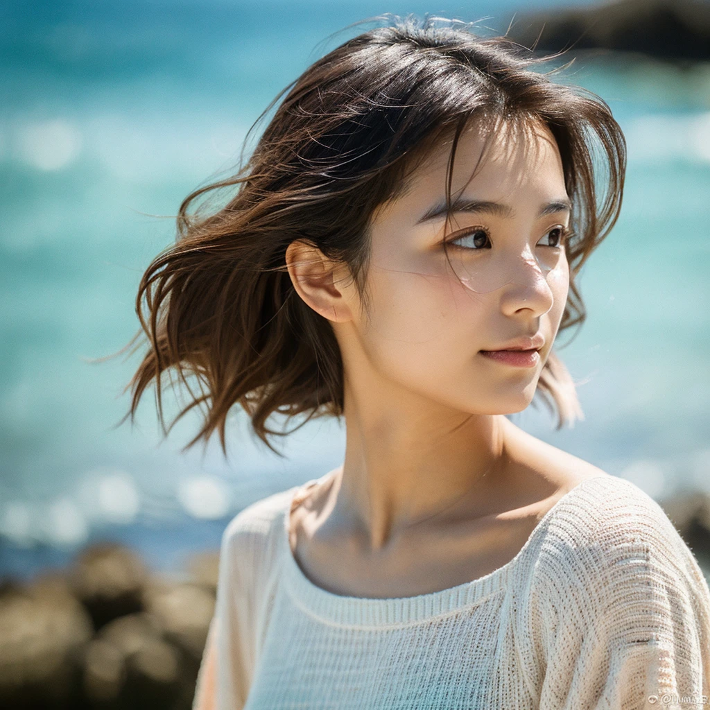 A hyper-realistic image of a single Japanese woman in her early 20s, captured with the nostalgic warmth and pronounced graininess of a film camera, showing her from the shoulders up as she stands on a sunlit beach. Her skin has a warm beige tone with a natural, visibly rough texture that includes pronounced pores, fine lines, and subtle imperfections such as small blemishes, slight unevenness, and a hint of sun exposure, contributing to the authenticity of her appearance. The texture of her skin is intentionally less smooth, with a tangible roughness that enhances the realism, making the surface appear slightly weathered by the elements. The soft, diffused natural light illuminates her face and shoulders with a gentle touch, casting shadows that subtly reveal the unevenness of her skin. Her straight, glossy black hair flows naturally in the ocean breeze, framing her face, and her deep brown eyes reflect the soft sunlight and the shimmering sea. The film camera effect amplifies the grain and texture, creating a warm, nostalgic atmosphere while maintaining the deliberately rougher, less polished texture of her skin. The composition, focused on her upper body, captures the serene elegance of the beach setting, highlighting the natural interaction of light and shadow on her skin. This combination of a rough, realistic skin texture, soft natural light, and the grainy film-like qualities ensures that the image presents an authentic, lifelike portrayal of the woman, centered on her face and shoulders.