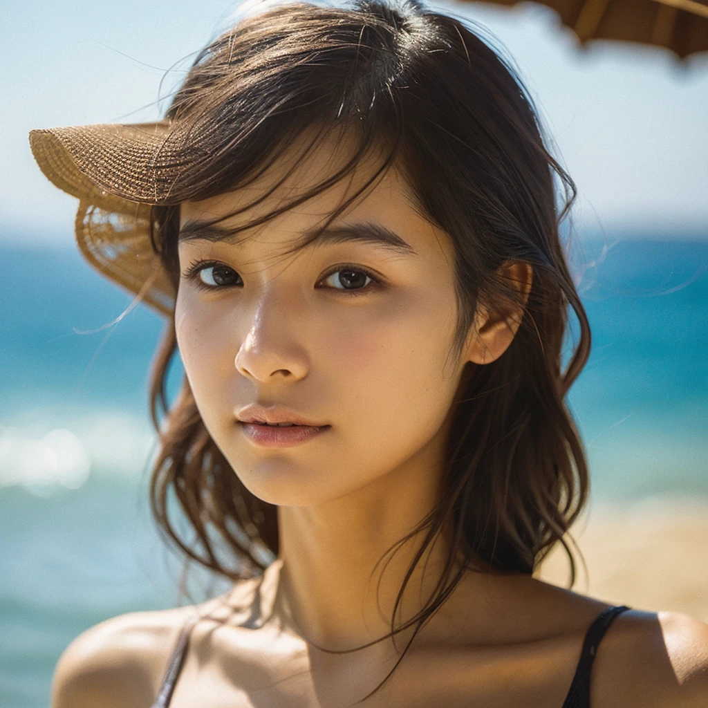 A hyper-realistic image of a single Japanese woman in her early 20s, captured with the nostalgic warmth and pronounced graininess of a film camera, showing her from the shoulders up as she stands on a sunlit beach. Her skin has a warm beige tone with a natural, visibly rough texture that includes pronounced pores, fine lines, and subtle imperfections such as small blemishes, slight unevenness, and a hint of sun exposure, contributing to the authenticity of her appearance. The texture of her skin is intentionally less smooth, with a tangible roughness that enhances the realism, making the surface appear slightly weathered by the elements. The soft, diffused natural light illuminates her face and shoulders with a gentle touch, casting shadows that subtly reveal the unevenness of her skin. Her straight, glossy black hair flows naturally in the ocean breeze, framing her face, and her deep brown eyes reflect the soft sunlight and the shimmering sea. The film camera effect amplifies the grain and texture, creating a warm, nostalgic atmosphere while maintaining the deliberately rougher, less polished texture of her skin. The composition, focused on her upper body, captures the serene elegance of the beach setting, highlighting the natural interaction of light and shadow on her skin. This combination of a rough, realistic skin texture, soft natural light, and the grainy film-like qualities ensures that the image presents an authentic, lifelike portrayal of the woman, centered on her face and shoulders.