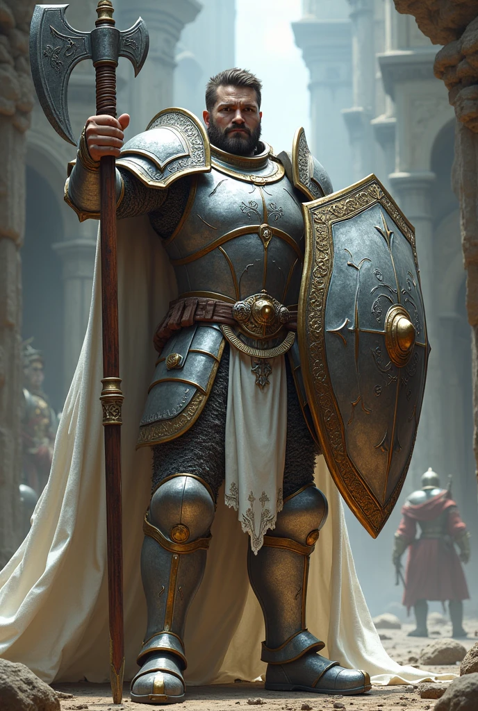 Human paladin with athletic body, with a battle axe in one hand and a shield in the other with shining, shiny silver armor 