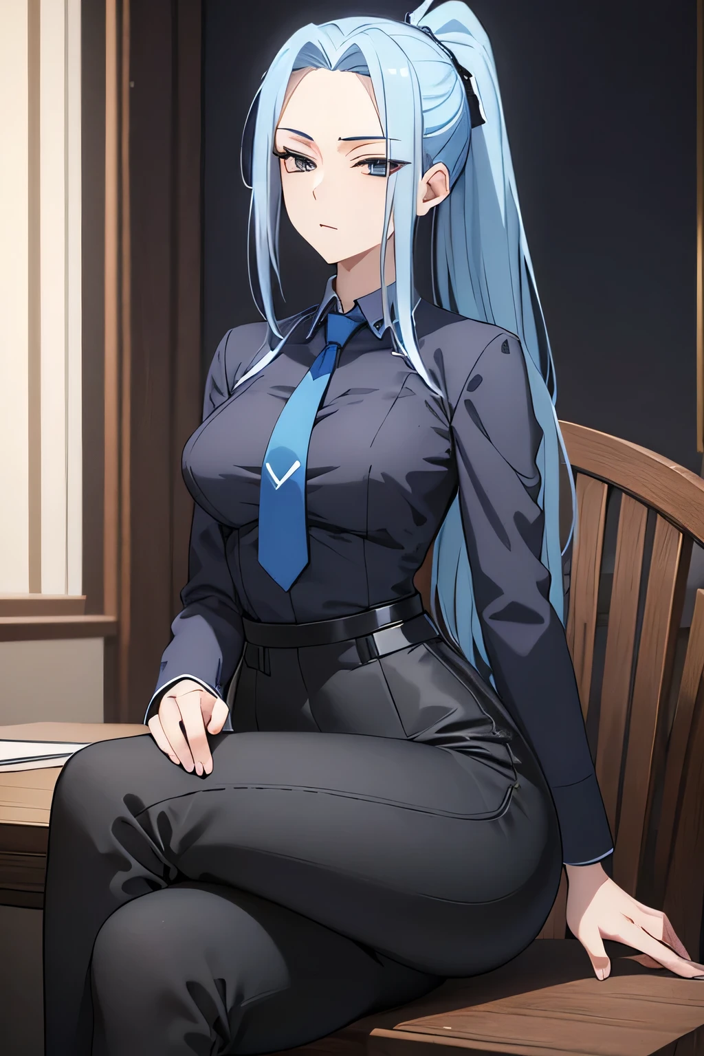 (masterpiece) (Highest quality) Meimei, skin-tight clothes, blue hair, blue tie, black clothes, black pants, blue tie over black clothes, little exposure, sitting in a chair, legs crossed, wavy bone structure, slim waist, thighs, ponytail, thick thighs, 2, taller, older woman, sexy body that can be seen even through clothes