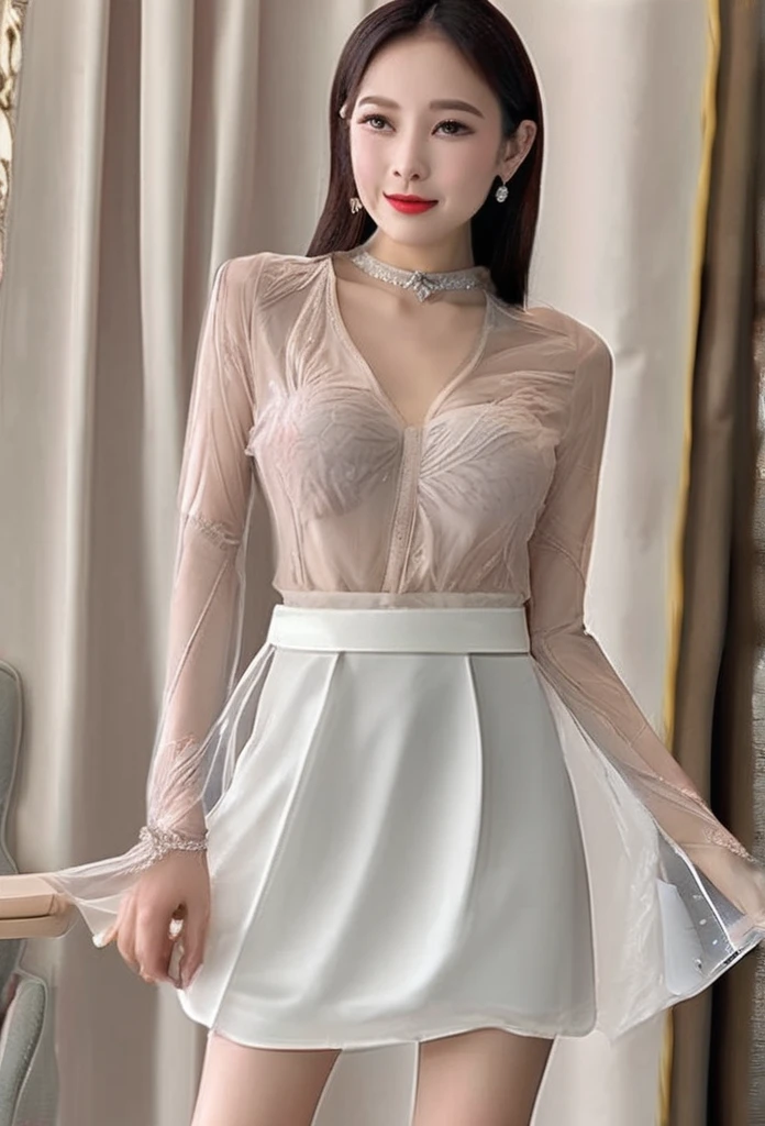 A woman with a beautiful girl々Create a new, whole body, A short sheer dress for、For girls, remove the low-cut see-through blouse and mini skirt., I'm looking forward to both, The boy is kissing her breast, Make it look realistic