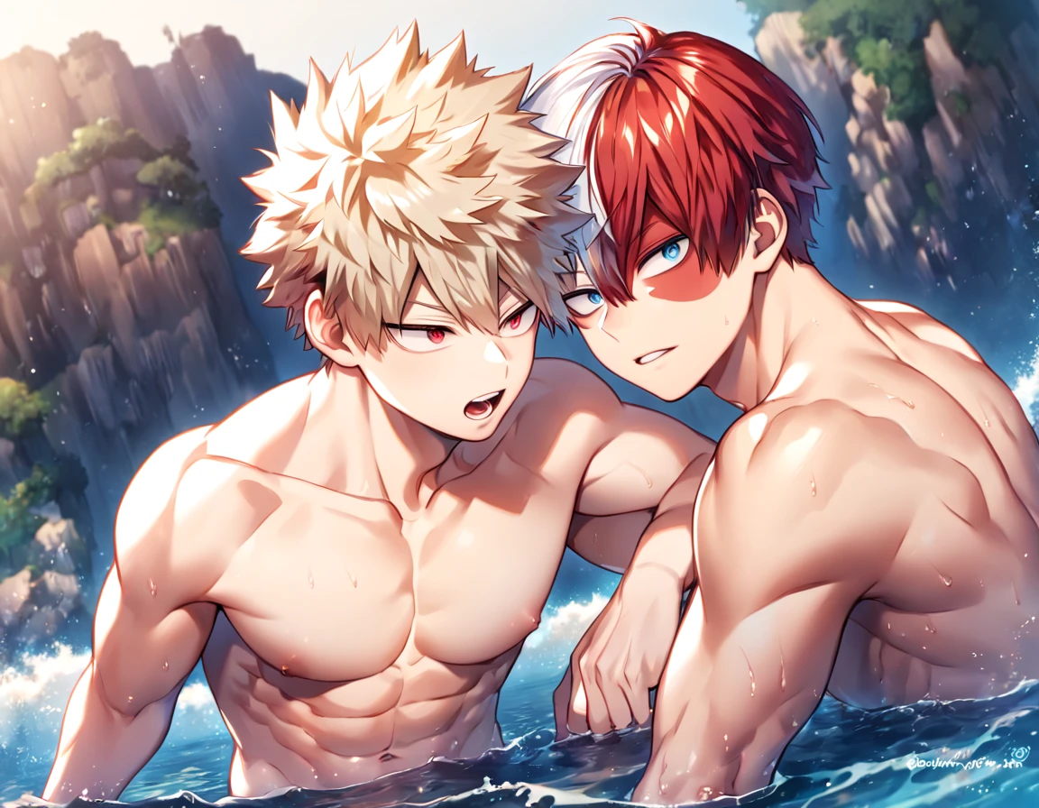 absurdres, highres, ultra detailed, HDR, master piece, best quality, extremely detailed, Todoroki Shouto, bicolor hair, right side white hair, left side red hair, expressive blue eyes, Boku No Hero Academia, Bakugo Katsuki, ash-blonde hair, expressive red eyes, two sexy men together, yaoi, gay couple, handsome, manly man, bare chest, without shirt, island, sea, beach
