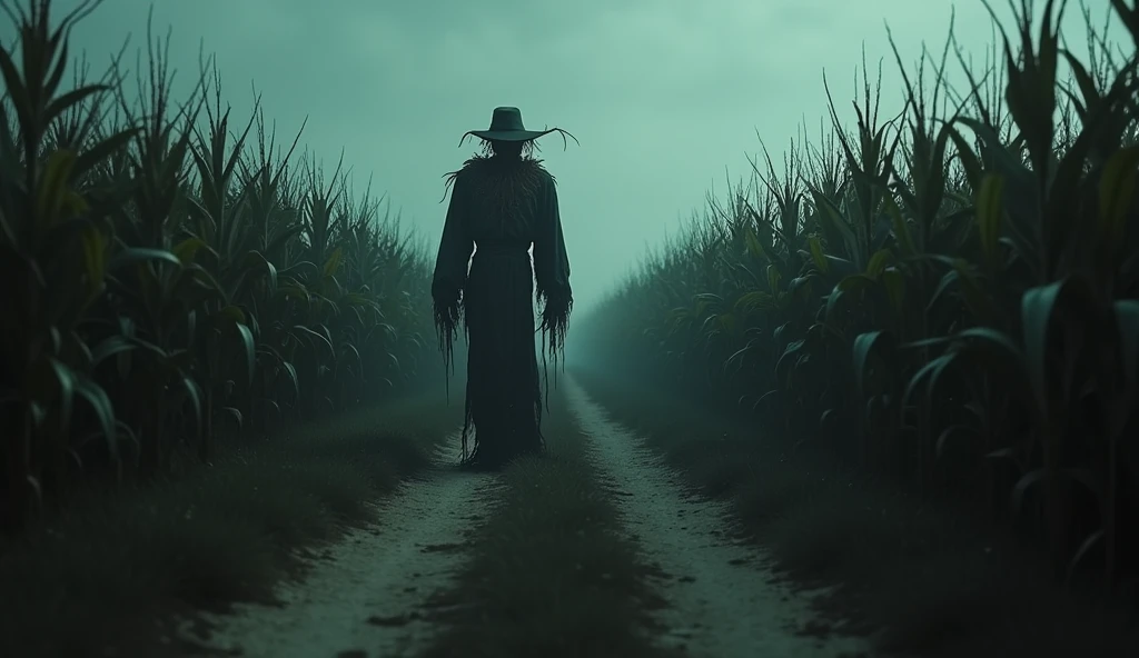 illustration of a dirt road in a cornfield, where mysterious and dark things happen,make a scary scarecrow, use dark and somber tones, make an image to convey fear, extremely detaild, photoshot_\( ultra\), photoshotrealisitic, realisitic, Post-processing, Maximum details, roughness, real-life, ultrarealisitic, photoshotrealism, photoshotgraphy, 8k hd, photoshotgraphy