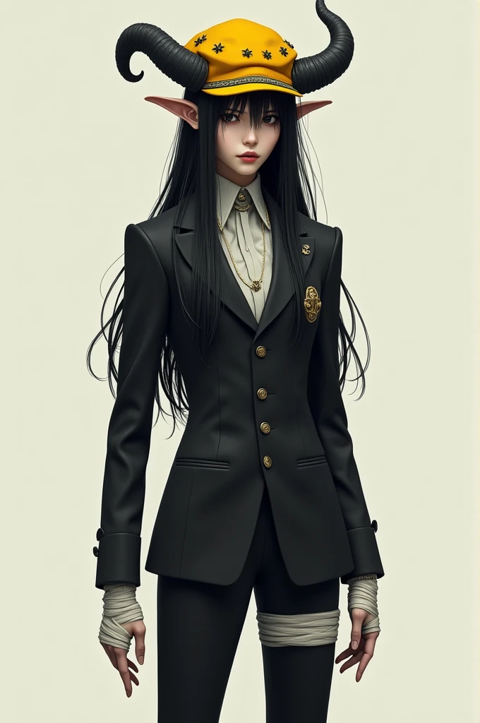 Black hair with a yellow hat and yellow horns black eyes with bandages on his hands wearing a fine suit to wear emo pants full body light skin