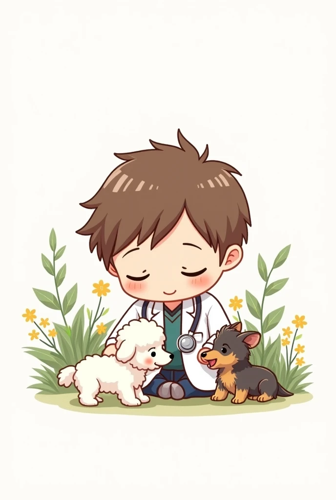 Prompt for illustration:
styled: Chibi Characters:
vet: With big head and , wearing a white coat and a stethoscope. short brown hair.
Little puppies:
Poodle Branca.
Yorkshire: Short and spiky fur.
Scenario: White background with subtle nature elements, like green leaves, small shrubs and maybe some flowers.
Now take the doctor away