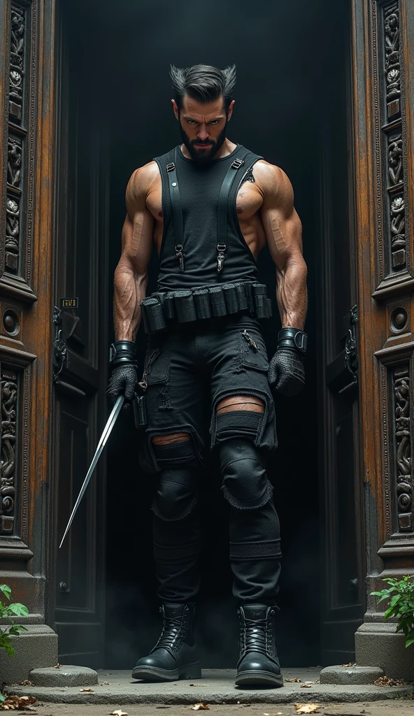 Wolverine character, with ripped black suit uniform, coming out of a church, Further away from camera image with as much detail and high definition as possible, HD, Realistic. Black color shaded screen background with white.