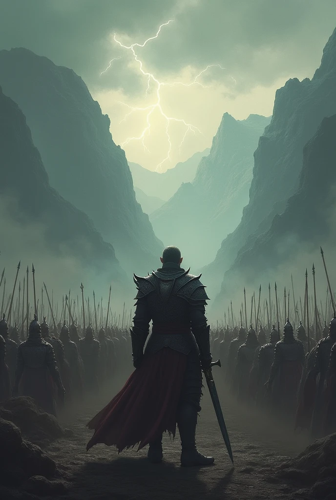 Create a soldier against an army, with an epic setting