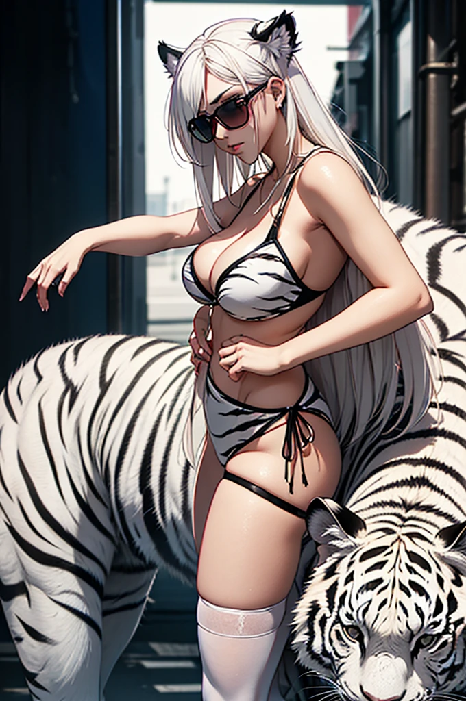 cyber punk, Frank Frazetta style, Perfect composition, One Woman, alone, Mature Woman,White Tiger Theme, Please raise your hand, Please raise your knees, stop temporarily, Low angle close up shot, Strong bloom in the background, Shine, Soft pink edge light, length, spiky white hair, White tiger ears, ((Big tits beauty))White tiger tail, White tiger fur stockings, small Shineing orange sunglasses, White tiger stripes, Perfect hands, High Contrast, Enhanced brightness, Strong top-down lighting