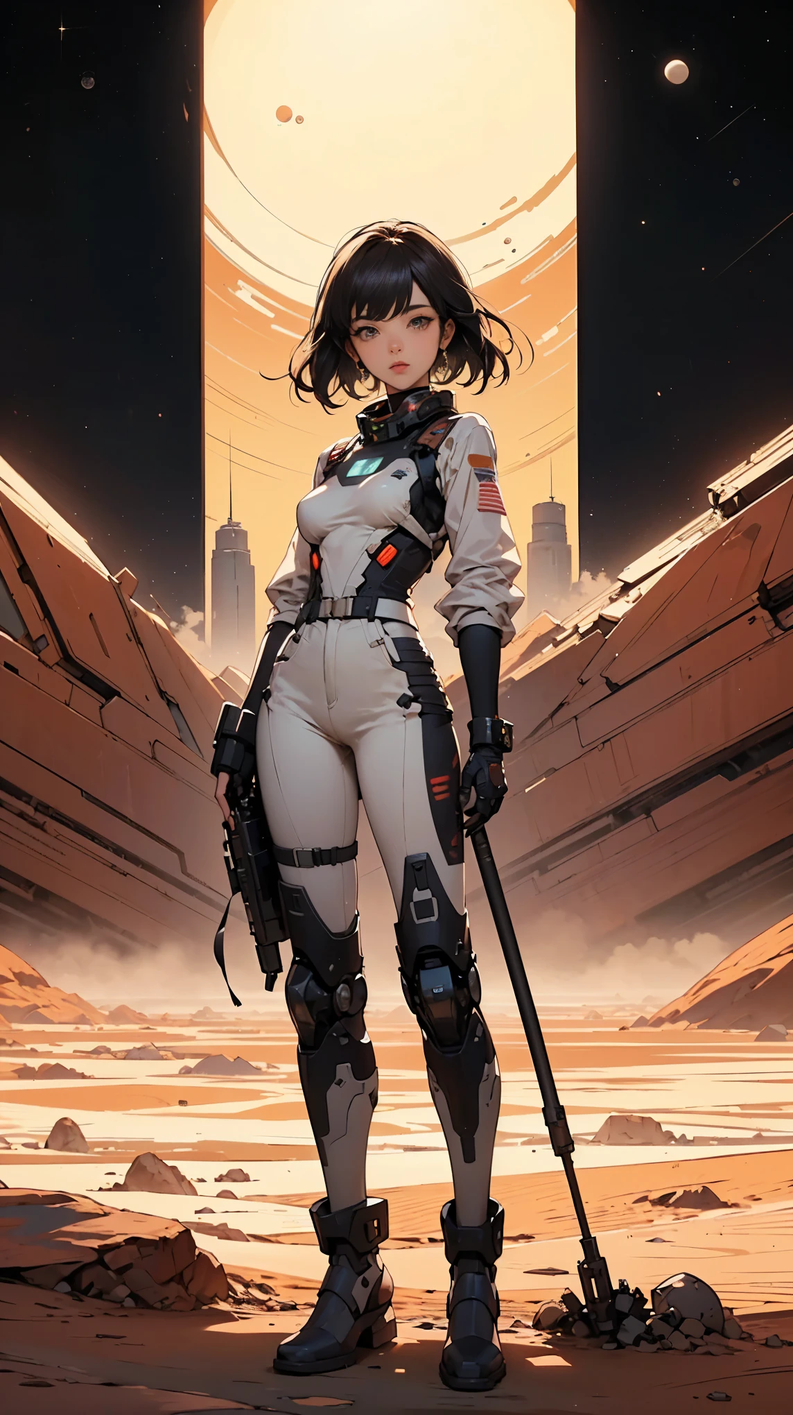 (obra de arte, melhor qualidade, Ultra-detalhado:1.3), mechgirl. The mars rover opportunity reimagined as an attractive anime woman, in mars, desert, dust. solar panels. "hybrid human-rover" mechgirl, ground view , full body
