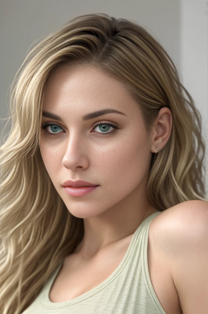 A stunning woman with wavy long blonde hair. She has captivating detailed green eyes, long sexy legs, wearing a T-shirt and a short pants, with detailed facial features and skin. She must be 2. She has slightly tanned skin with a realistic texture, extreme skin details (pores: 0.14, and is a masterpiece of the highest quality. The image is photorealistic, hyper-realistic, and highly detailed, in 8k resolution with HDR. The color palette is soft (Soft color: 1.2) with a light depth of field, broad lighting, high contrast, backlighting, bloom effect, light sparkles, chromatic aberration, sharp focus, and a RAW color photo.