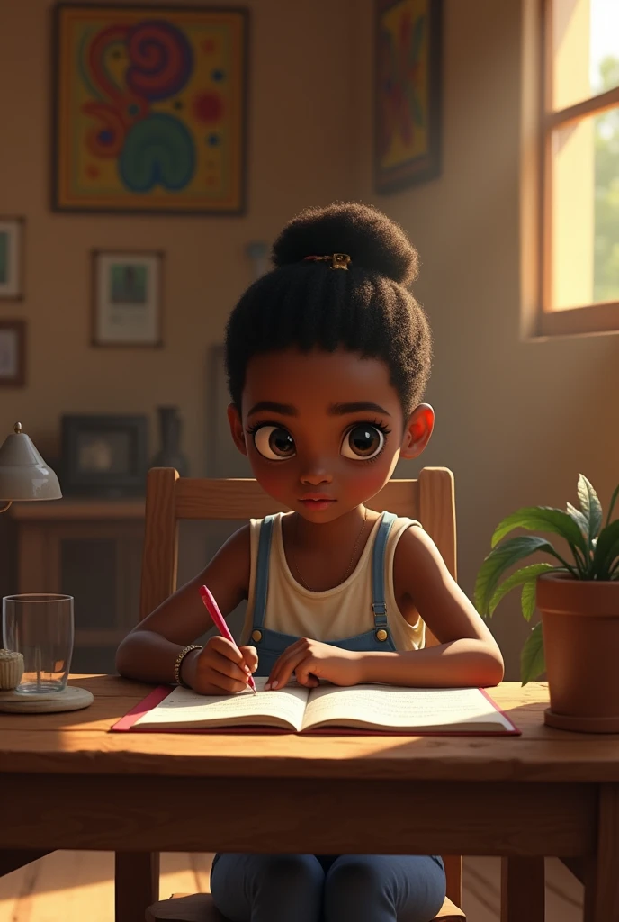 Generate an image of an African black skinny girl sitting at a desk studying in a village living room