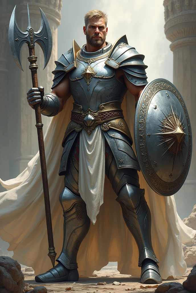 Human paladin with athletic body, with a battle axe in one hand and a shield in the other with shining, shiny silver armor