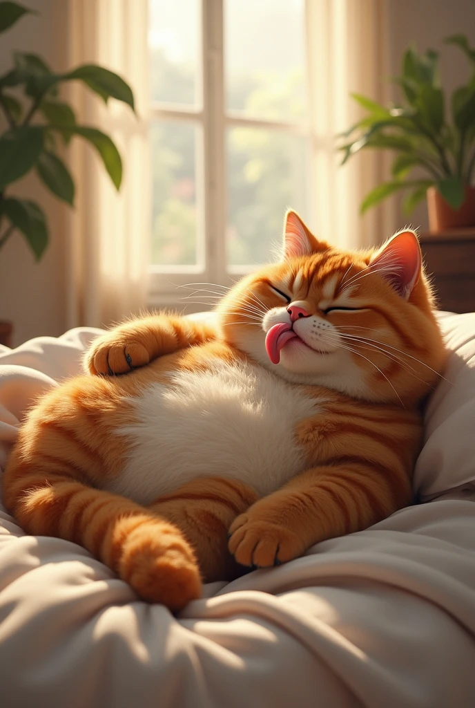 fat furry cat lying on bed while licking himself